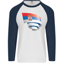 Curled Serbia Flag Serbia Day Football Mens L/S Baseball T-Shirt White/Navy Blue