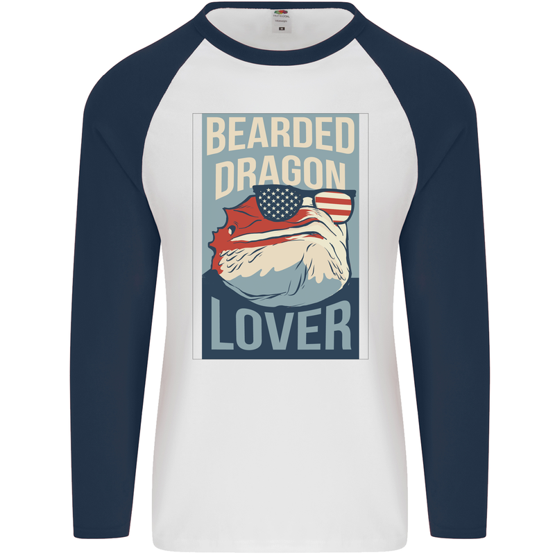 Bearded Dragon Lover USA America Mens L/S Baseball T-Shirt White/Navy Blue