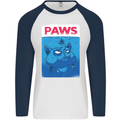 Paws Funny Cat and Goldfish Parody Mens L/S Baseball T-Shirt White/Navy Blue