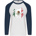 Torn Mexico Flag Mexican Day Football Mens L/S Baseball T-Shirt White/Navy Blue