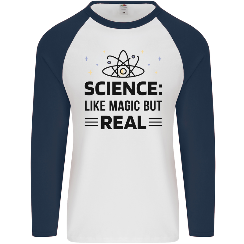 Science Like Magic But Real Funny Geek Nerd Mens L/S Baseball T-Shirt White/Navy Blue