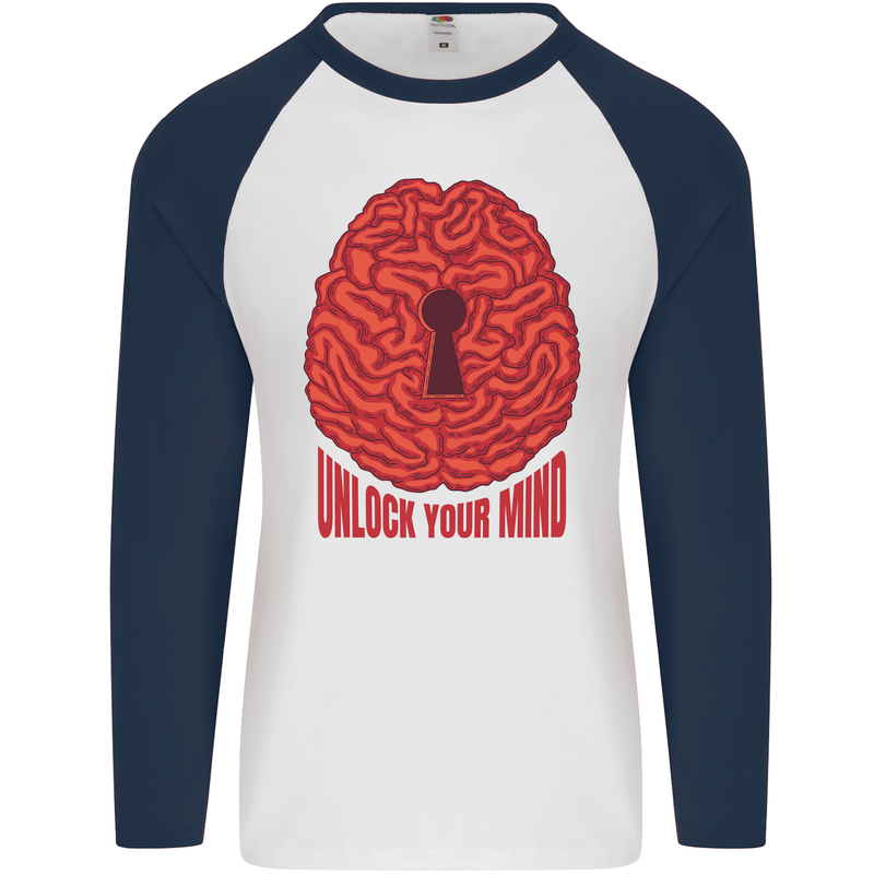 Unlock Your Mind Psychology Psychologist Mens L/S Baseball T-Shirt White/Navy Blue