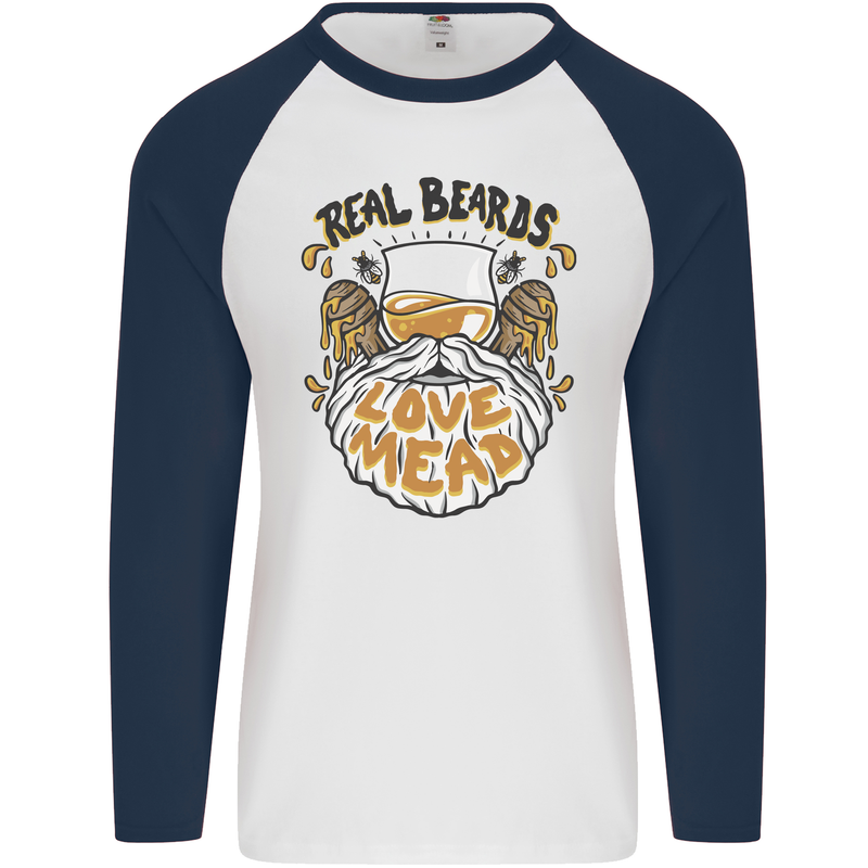 Real Beards Love Mead Funny Beer Alcohol Mens L/S Baseball T-Shirt White/Navy Blue