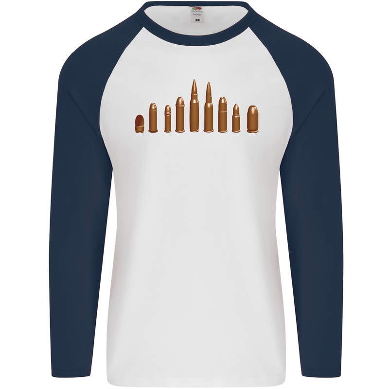 Bullets Hunting Army Military Sniper Mens L/S Baseball T-Shirt White/Navy Blue