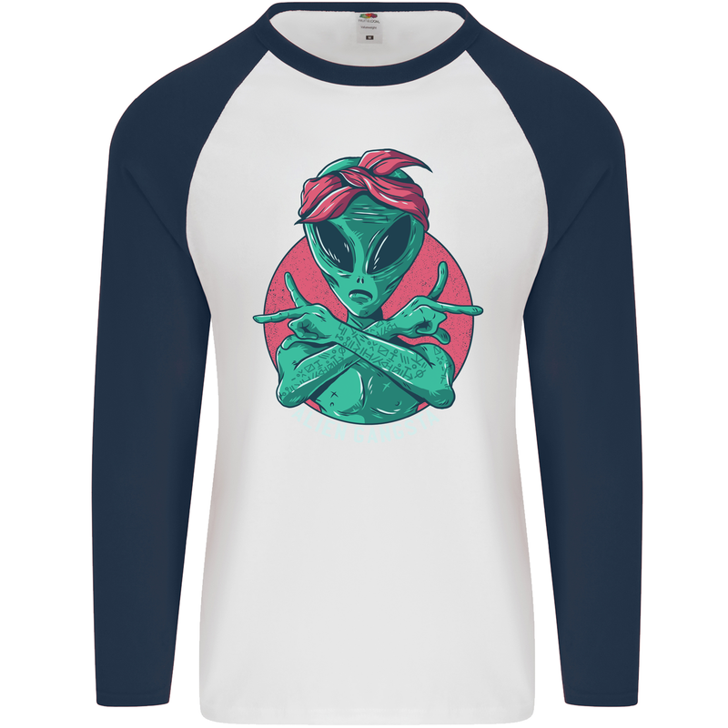 Funny Alien Gangster UFO 2Pac Rap Music Mens L/S Baseball T-Shirt White/Navy Blue