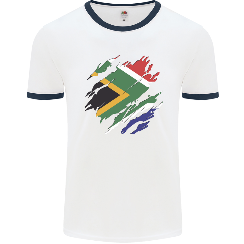 Torn South African Flag Africa Day Football Mens Ringer T-Shirt White/Navy Blue