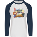 Chibi Anime Friends Drinking Beer Mens L/S Baseball T-Shirt White/Navy Blue