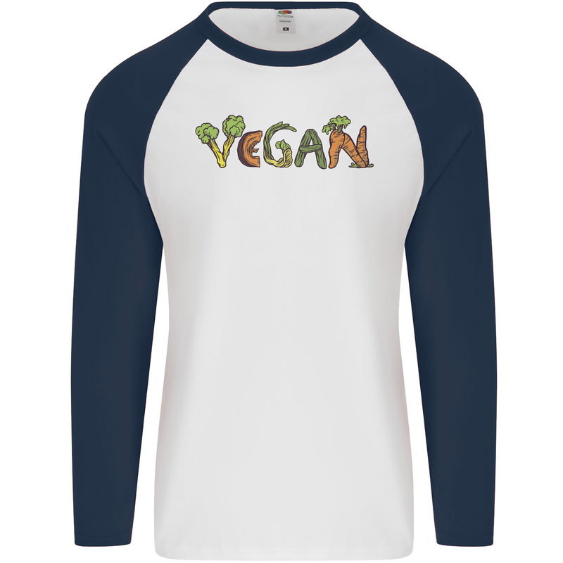 Vegan Vegetables Mens L/S Baseball T-Shirt White/Navy Blue