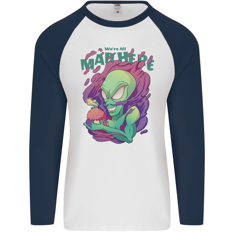All Mad Here Alien Magic Mushrooms Mens L/S Baseball T-Shirt White/Navy Blue