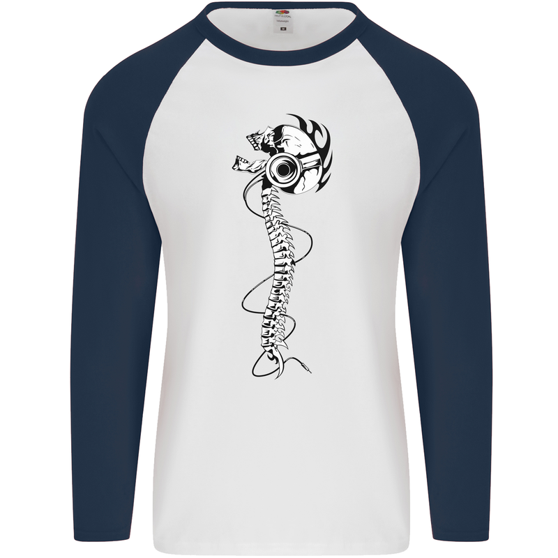 Headphone Wearing Skull Spine Mens L/S Baseball T-Shirt White/Navy Blue