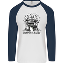 Skeleton Drummer Be Crazy Drumming Drum Mens L/S Baseball T-Shirt White/Navy Blue