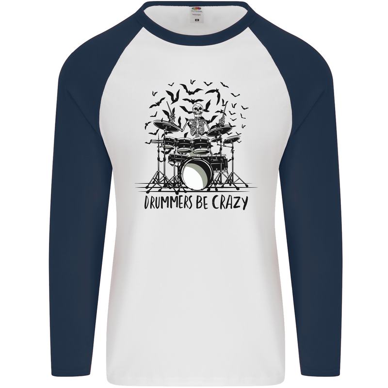 Skeleton Drummer Be Crazy Drumming Drum Mens L/S Baseball T-Shirt White/Navy Blue