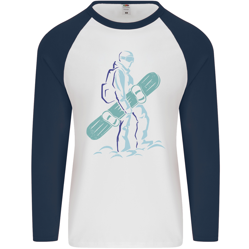 A Snowboarding Figure Snowboarder Mens L/S Baseball T-Shirt White/Navy Blue