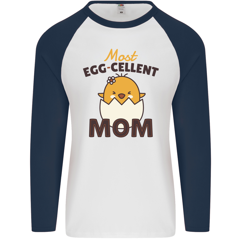 Mother's Day Easter Most Egg-cellent Mom Mens L/S Baseball T-Shirt White/Navy Blue