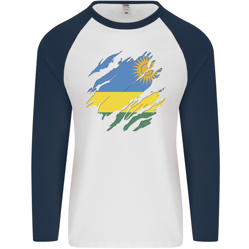 Torn Rwanda Flag Rwandan Day Football Mens L/S Baseball T-Shirt White/Navy Blue