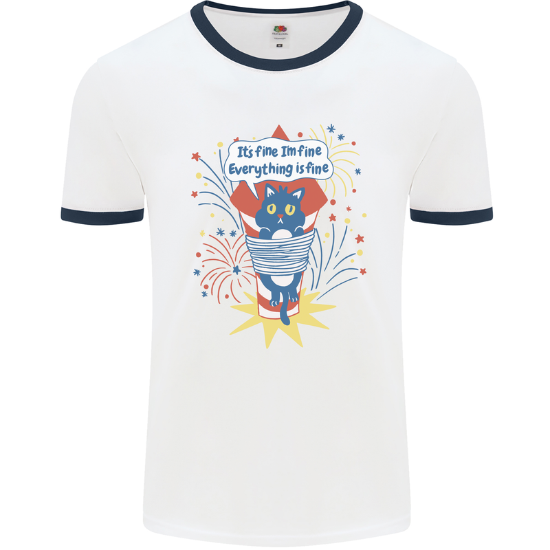 I'm Fine Funny at Fireworks Bonfire Day July 4th Mens Ringer T-Shirt White/Navy Blue