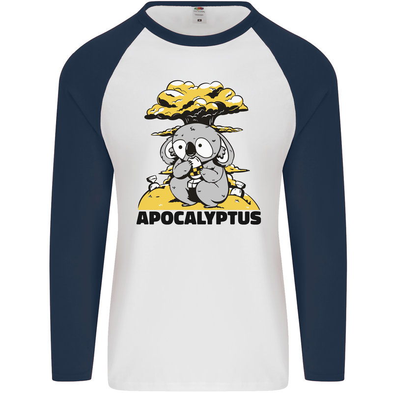 Apocalyptus Koala Bear Climate Change Armageddon Mens L/S Baseball T-Shirt White/Navy Blue