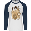Explore Travel Orienteering Mountaineering Mens L/S Baseball T-Shirt White/Navy Blue