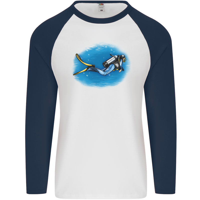 Ocean Scuba Diver Scuba Diving Mens L/S Baseball T-Shirt White/Navy Blue