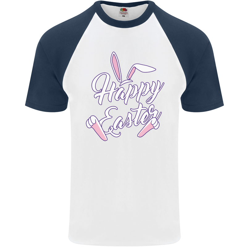 Happy Easter Cool Rabbit Ears and Feet Mens S/S Baseball T-Shirt White/Navy Blue