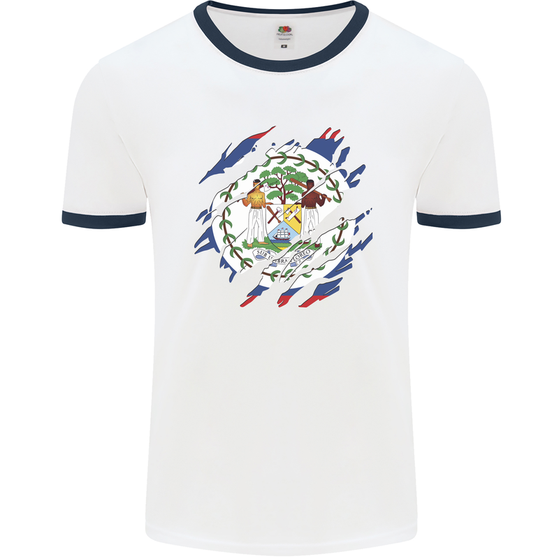 Torn Belize Flag Belizean Day Football Mens Ringer T-Shirt White/Navy Blue