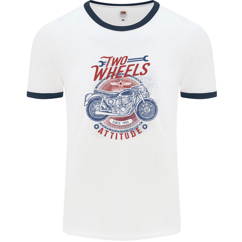 Two Wheels Attitude Motorcycle Biker Motorbike Mens Ringer T-Shirt White/Navy Blue