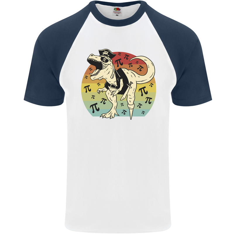 Pirate Pi T-Rex Funny Dinosaur Maths Mens S/S Baseball T-Shirt White/Navy Blue