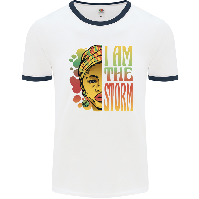 I Am the Storm African Black Lives Matter Mens Ringer T-Shirt White/Navy Blue