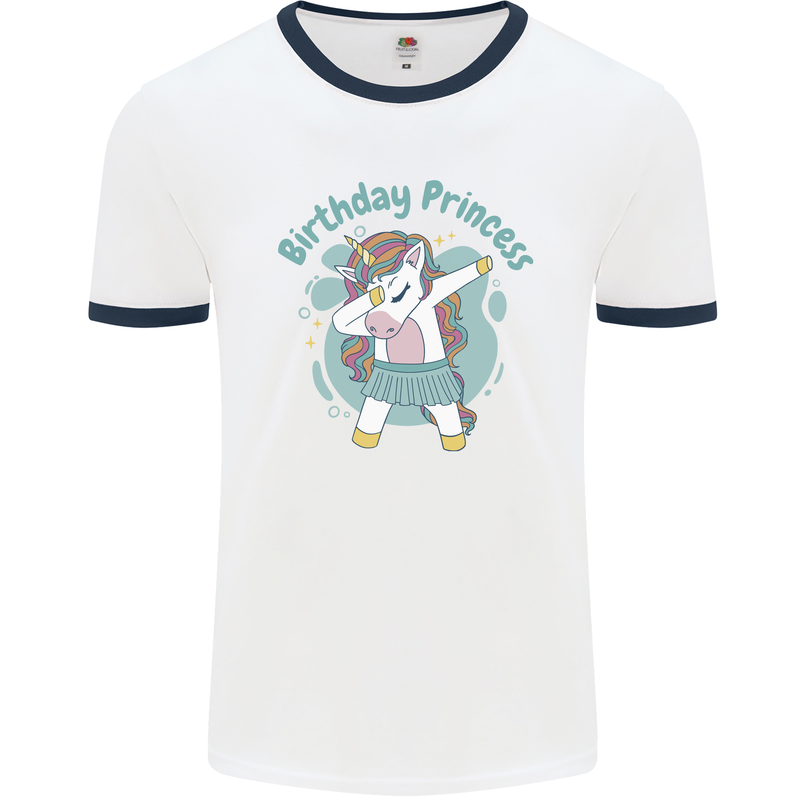 Birthday Princess Unicorn 4th 5th 6th 7th 8th Mens Ringer T-Shirt White/Navy Blue