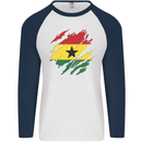 Torn Ghana Flag Ghanaian Day Football Mens L/S Baseball T-Shirt White/Navy Blue