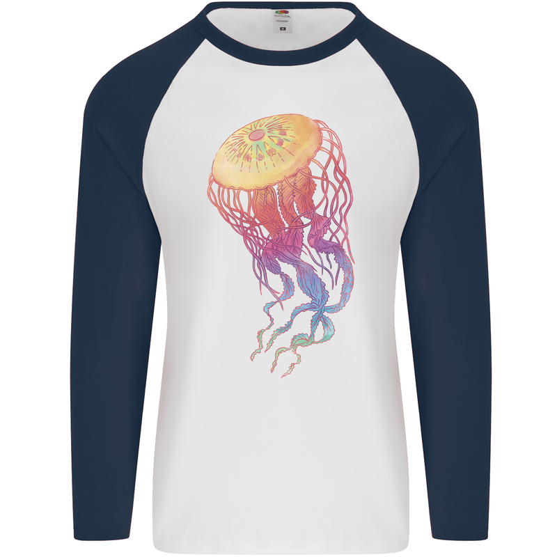 Colourful Jellyfish Ocean Life Mens L/S Baseball T-Shirt White/Navy Blue