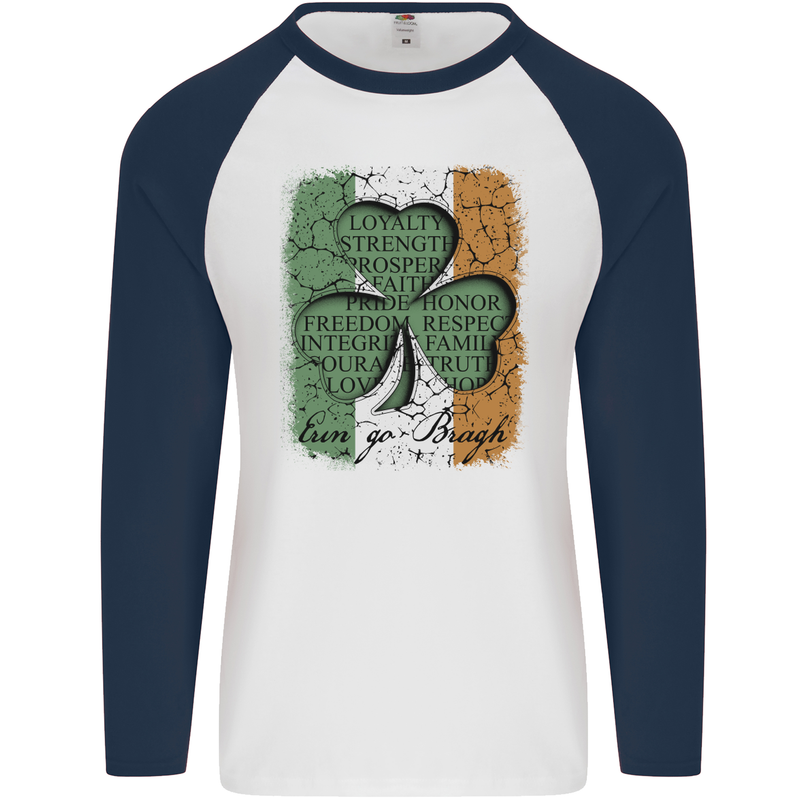 St Patricks Day Shamrock 3 Leaf Clover Mens L/S Baseball T-Shirt White/Navy Blue