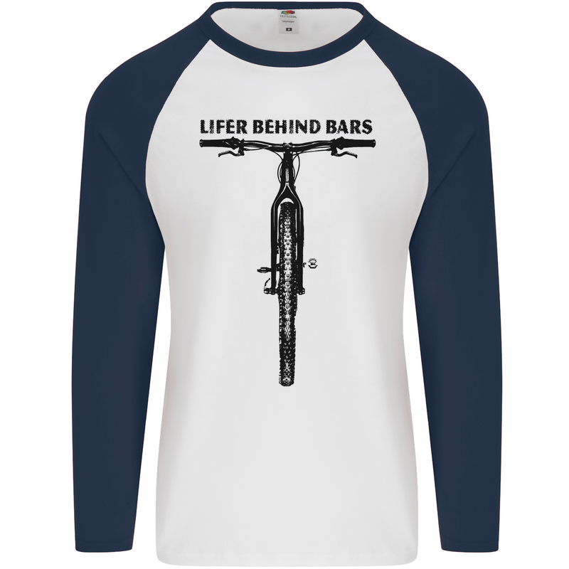 Lifer Behind Bars Funny Cycling Cyclist Mens L/S Baseball T-Shirt White/Navy Blue