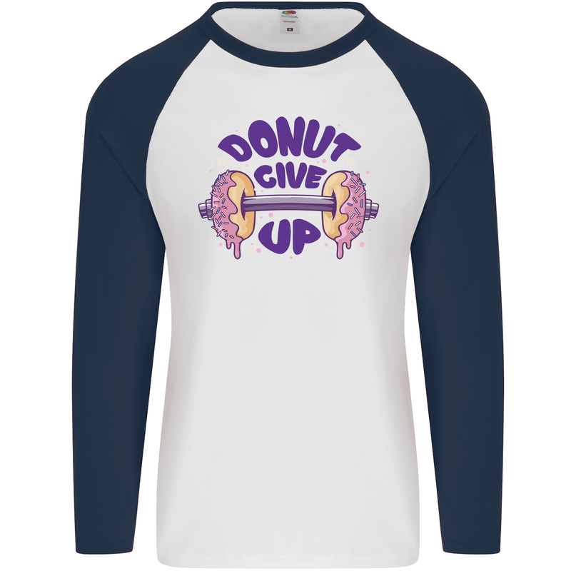 Donut Give Up Funny Gym Bodybuilding Mens L/S Baseball T-Shirt White/Navy Blue