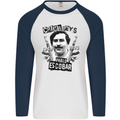 Pablo Escobar Crime Pays Mens L/S Baseball T-Shirt White/Navy Blue