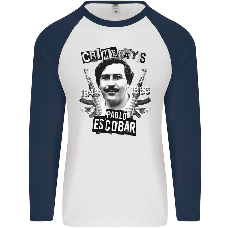 Pablo Escobar Crime Pays Mens L/S Baseball T-Shirt White/Navy Blue