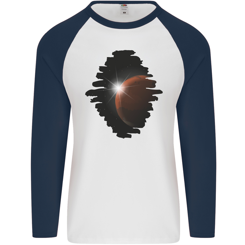 Space Planet Sun Flare Universe Mens L/S Baseball T-Shirt White/Navy Blue