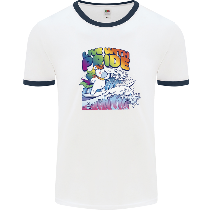 Live With Pride Unicorn Gay Pride Awareness LGBT Mens Ringer T-Shirt White/Navy Blue