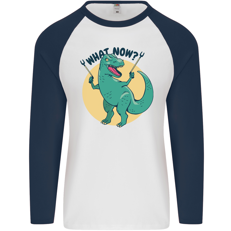 T-Rex What Now Funny Dinosaur Mens L/S Baseball T-Shirt White/Navy Blue