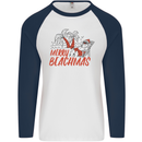 Merry Beachmas Funny Summer Santa Claus Mens L/S Baseball T-Shirt White/Navy Blue