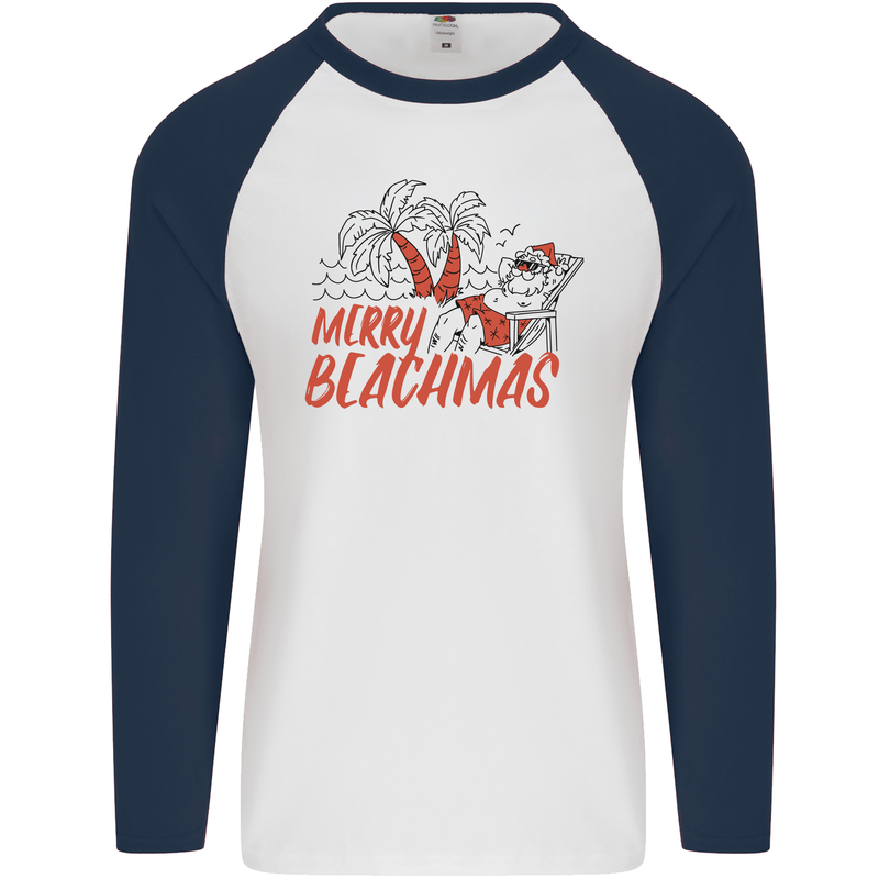 Merry Beachmas Funny Summer Santa Claus Mens L/S Baseball T-Shirt White/Navy Blue