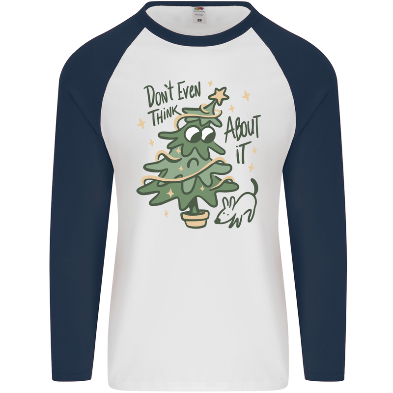 A Dog Weeing on a Christmas Tree Xmas Funny Mens L/S Baseball T-Shirt White/Navy Blue