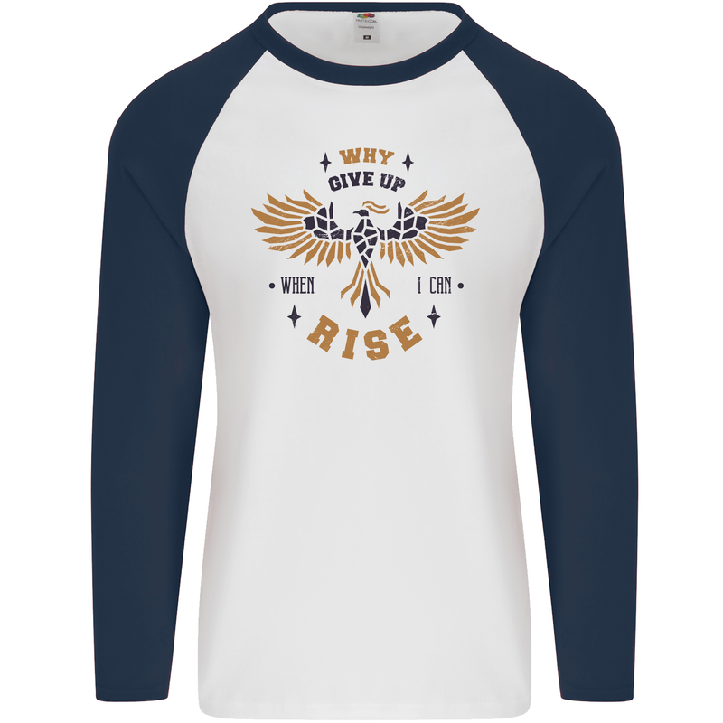 Rising Pheonix Motivational Message Quote Mens L/S Baseball T-Shirt White/Navy Blue