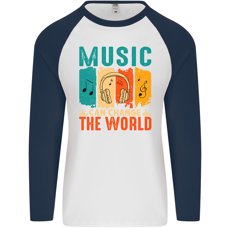 Music Can Change the World Mens L/S Baseball T-Shirt White/Navy Blue