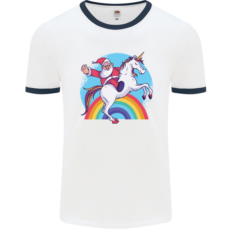 Santa Claus On a Unicorn Christmas Xmas Mens Ringer T-Shirt White/Navy Blue