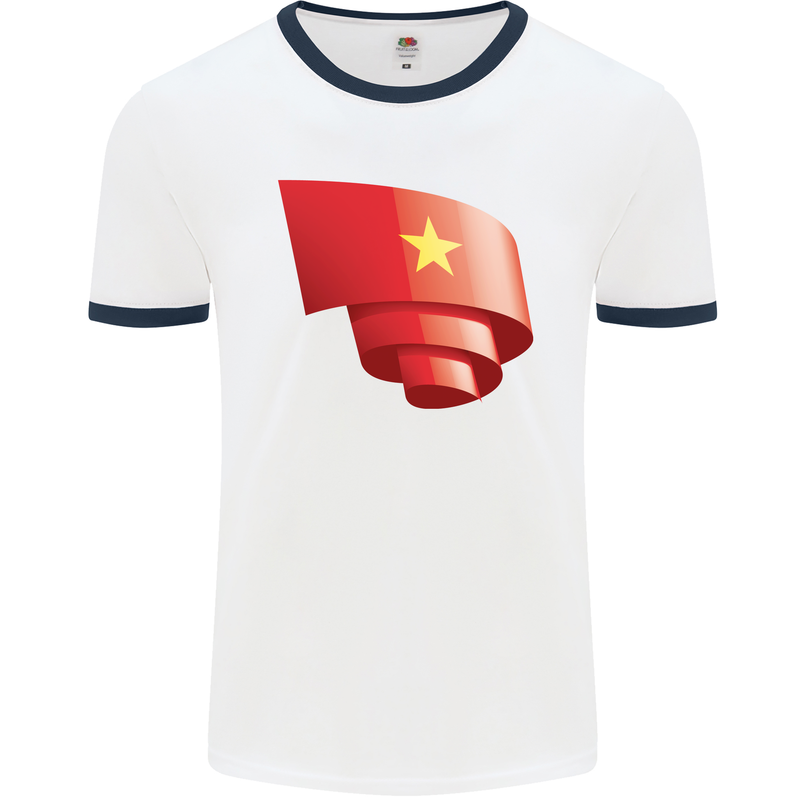 Curled Vietnam Flag Vietnamese Day Football Mens Ringer T-Shirt White/Navy Blue