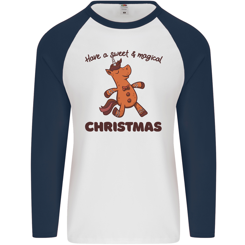 Gingerbread Man Unicorn Christmas Mens L/S Baseball T-Shirt White/Navy Blue