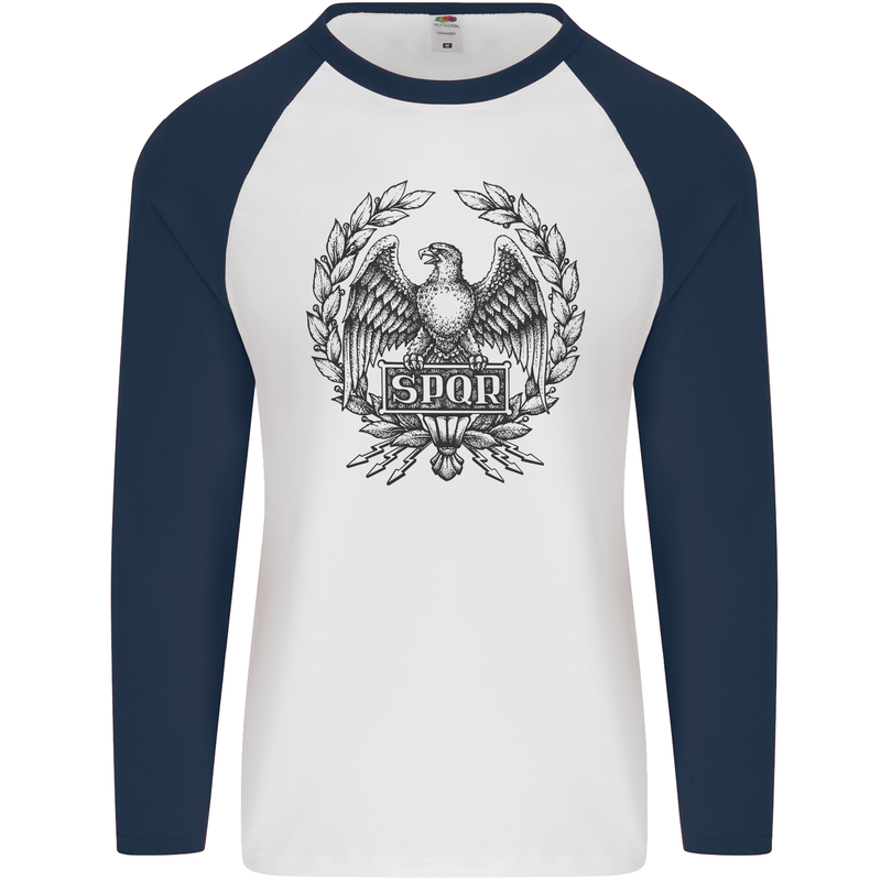 SPQR Roman Emblem Gym Training Top Mens L/S Baseball T-Shirt White/Navy Blue