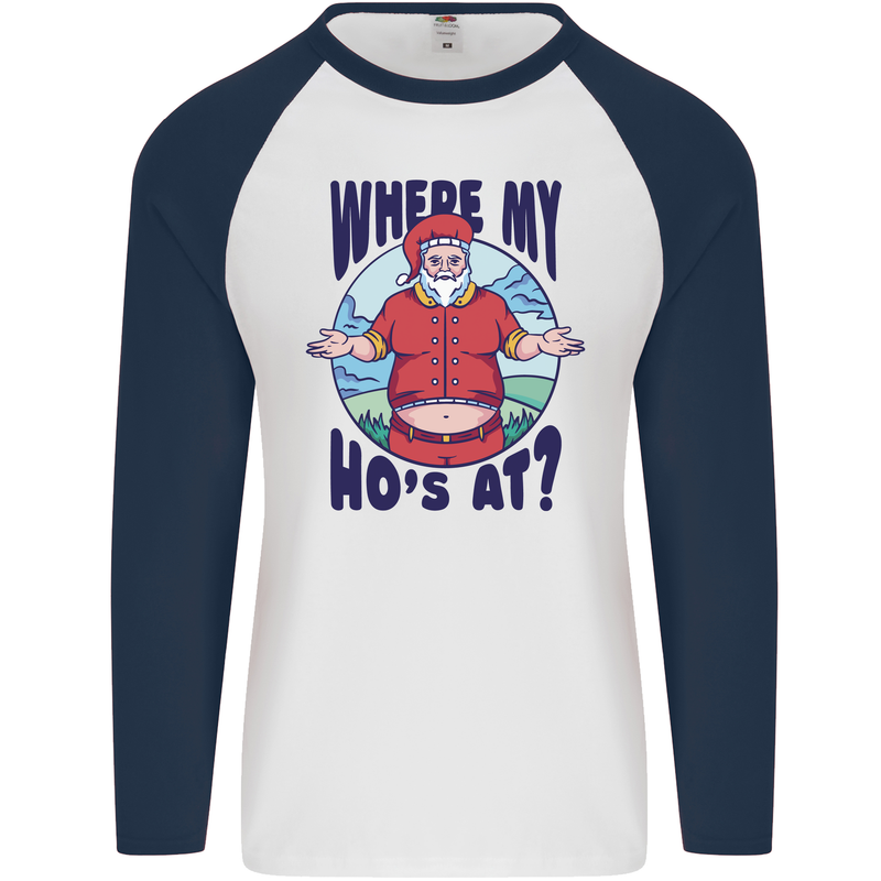 Father Christmas Where My Ho's at? Mens L/S Baseball T-Shirt White/Navy Blue