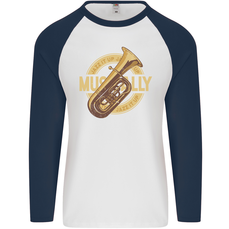 Tuba Brass Musical Instrument Jazz Mens L/S Baseball T-Shirt White/Navy Blue